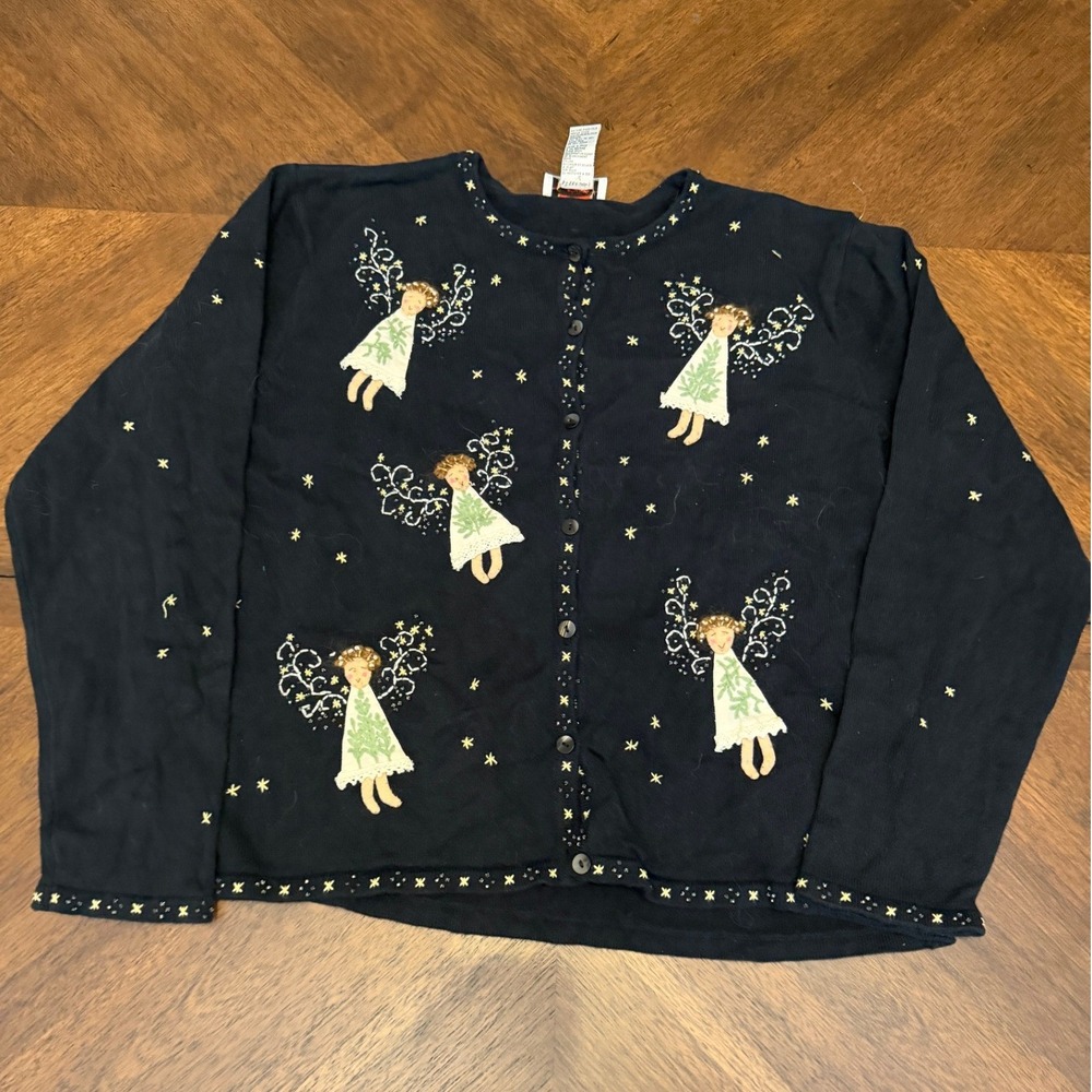 Talbots Navy Blue Embroidered Angel Beaded Cardigan Sweater XL Vintage Style